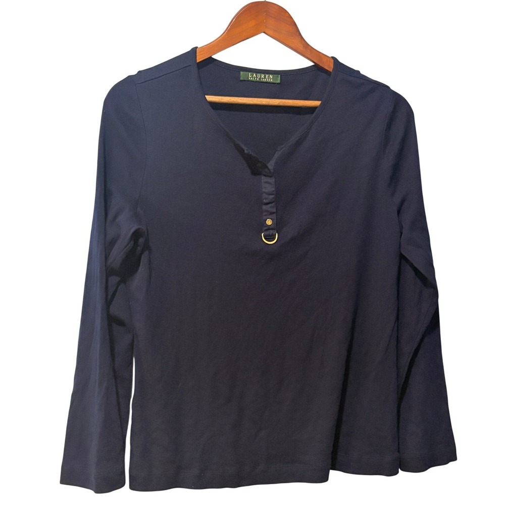 Lauren Ralph Lauren Navy Blue Long Sleeve Henley Top Gold D-Ring Detail